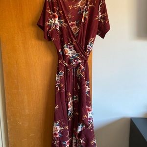 Deep red/maroon wrap dress with floral print